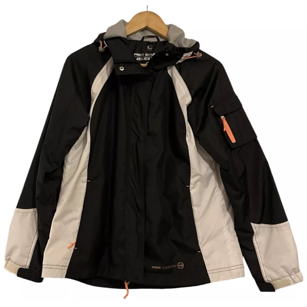 FREE COUNTRY ATHLETX Womens Hooded Windbreaker Sz L Black/White Zip Shell Jacket
